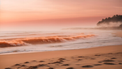 Fototapeta na wymiar Pinkish-Orange Haze Over Sandy Beach with Blurred Sea Mist.