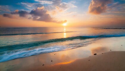 Naklejka na ściany i meble beautiful cloudscape over tropical sea and beach shore sunrise over ocean horizon