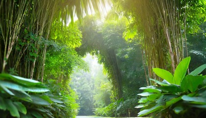 deep tropical jungles of southeast asia green trees tunnel extra wide background banner