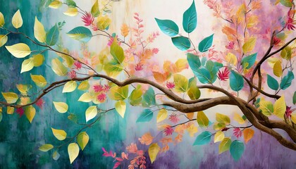 elegant colorful tree with vibrant leaves hanging branches bright color 3d abstraction wallpaper for interior mural painting wall - obrazy, fototapety, plakaty