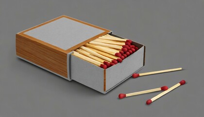 3d illustration of matchbox with matchsticks on grey background