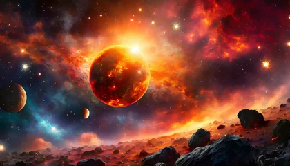 Poster fantasy landscape of fiery planet with glowing stars nebulae massive clouds and falling asteroids digital artwork graphic astrology magic mystical burning planet in space with asteroids © Nichole