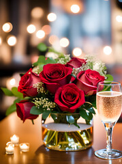 Obraz premium Detailed cozy atmosphere with hearts champagne roses.