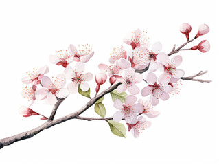 Sakura Branch in Bloom with Green Leaves. Illustration of Blooming Sakura Cherry Flower Branch with Leaf Isolated on White.