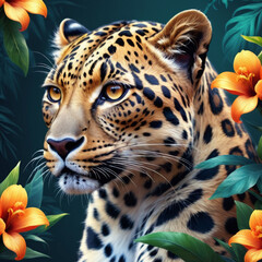 Fototapeta premium illustration of a portrait of a leopard, exotic flowers planty background, ready to print, digital art 