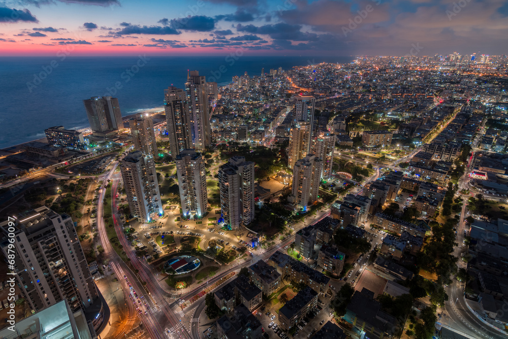 Wall mural Bat Yam, Israel night areal view. City lights and seacoast