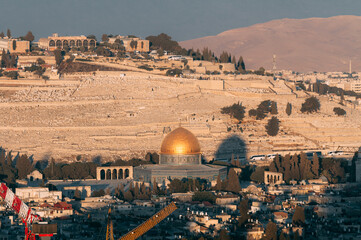 Jerusalem, Palestine, Dome of the Rock mosque and Olive Mount cemetery