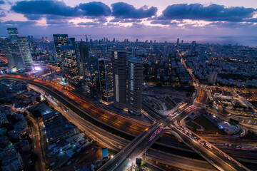 Fototapeta na wymiar Tel Aviv aerial view. Evening panorama of the modern city with skyscrapers