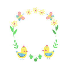 Easter frame with little cute hen with flowers and buterfly. Happy Easter decor. Vector illustration.