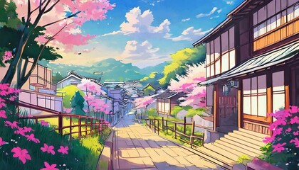 beautiful calm relaxing japanese asian streets digital painting manga anime style peaceful illustration of empty village city atmospheric cozy landscape cityscape cartoon digital artwork - obrazy, fototapety, plakaty