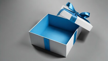 blank open white gift box with blue bottom inside or top view of opened blue present box with blue ribbon and bow on gray background with shadow minimal concept 3d rendering