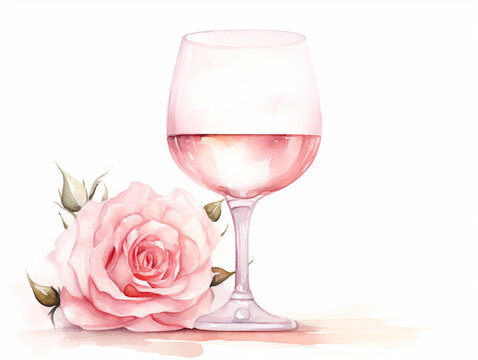 Glass of Rose Wine with Roses Around. Watercolour Illustration of Red or Pink Rose Wine Glass  with Steam of Rose with Leaves Isolated on White.
