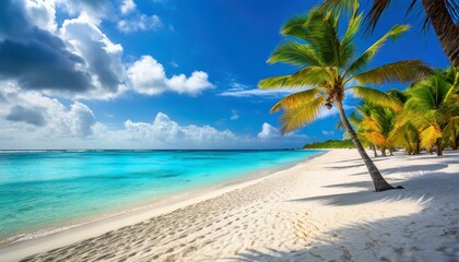 Fototapeta na wymiar tropical white sand beach with coco palms and the turquoise sea on caribbean island