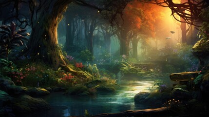 Enchanted forest scene with mystical river and lush flora. Fantasy and imagination.