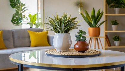 house decor inspiration table with stylish pot and plant on modern interior table