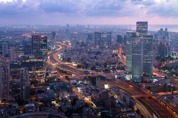 Fototapeta premium Evening Tel Aviv aerial view. Ayalon highway