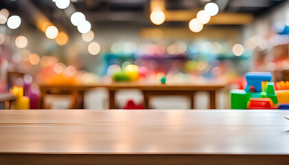 Empty wooden table on abstract toys room store for product presentation - space for a montage showing the product