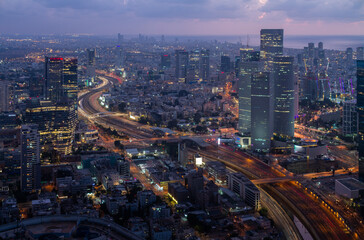 Evening Tel Aviv aerial view. Ayalon highway