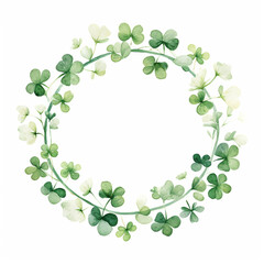 St Patricks Day Background with Shamrock, Circle Banner with Lucky Clover Leaves. Watercolour Illustration of Clover Wreath Isolated on White.