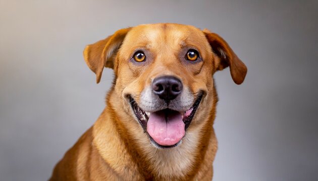 cute brown dog that smiles background close up indoors studio photo day light concept of care education obedience training and raising pets
