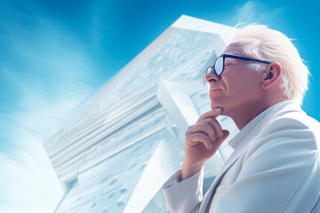 Joyful albino architect designing a futuristic building