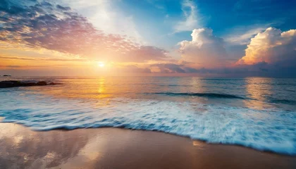 Selbstklebende Fototapeten beautiful cloudscape over tropical sea and beach shore sunrise over ocean horizon © Nichole