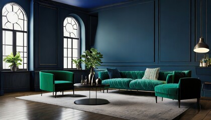 living room in deep dark colors accent trendy blue interior in a minimalist modern style with navy...