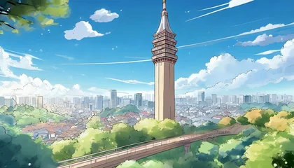 Rolgordijnen anime style city and tower view background © Nichole