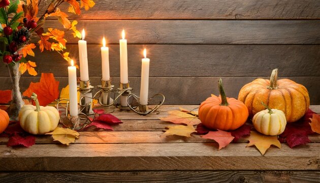 thanksgiving background holiday scene wooden table decorated with pumpkins autumn leaves and candles vertical image