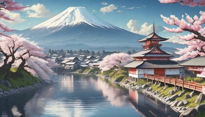 a beautiful japanese village town in the morning buddhist temple shinto at sea river cherry blossom sakura growing anime comics artstyle mount fuji in background 16 9 4k resolution generative ai