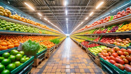 a large supermarket has a wide aisle full of fruit and vegetables bright lighting from bulbs...