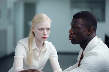 Fototapeta premium A simplified image of an accomplished woman albino doctor therapist in the focus zone helping a patient in the blur zone overcome their problems.