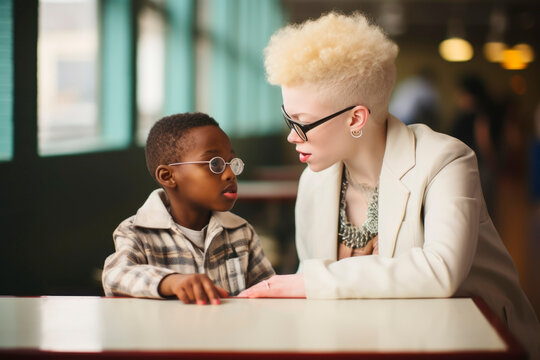Photo of a happy albino doctor examining a patient