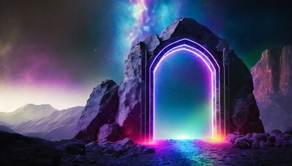 abstract portal stone gate with neon glowing light in the dark space landscape of cosmic rocky...