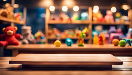 Empty wooden table on abstract toys room store for product presentation - space for a montage...