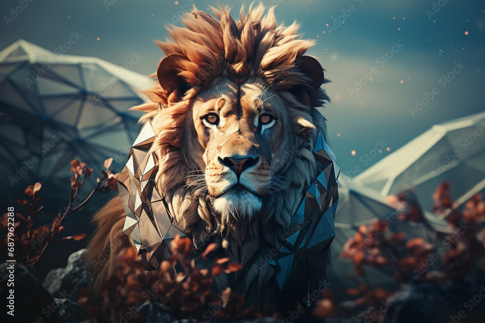 Poster a whimsical illustration featuring a cubic lion, its geometric form adding a playful touch to the ma
