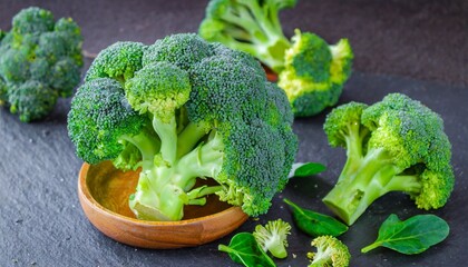 macro photo green fresh vegetable broccoli fresh green broccoli on a black stone table broccoli vegetable is full of vitamin vegetables for diet and healthy eating organic food