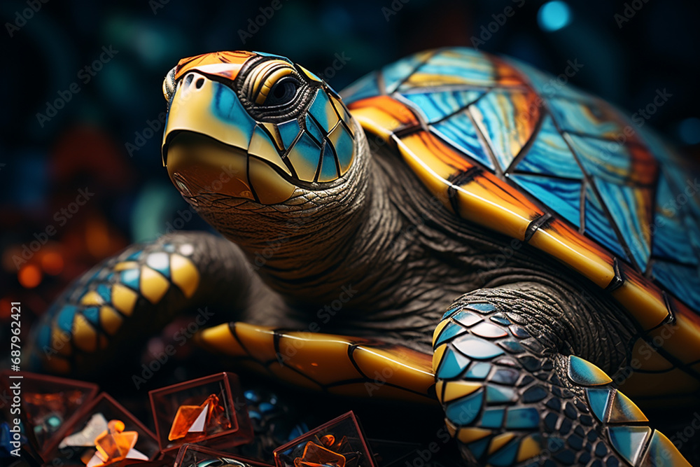 Aufkleber A geometric interpretation of a turtle, its shell transformed into an intricate mosaic of shapes, combining precision with natural inspiration.