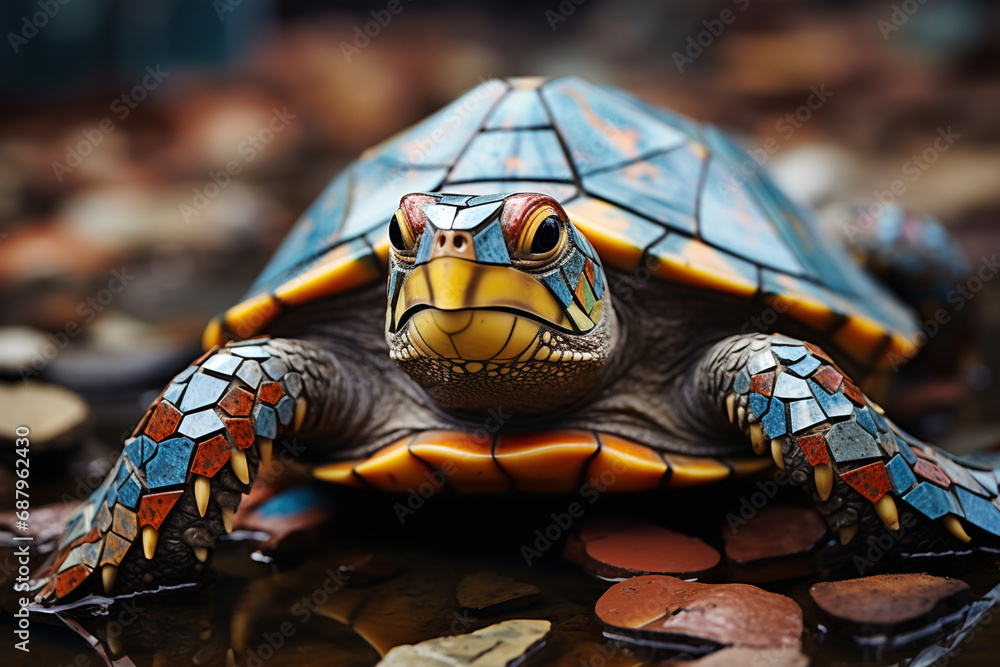 Poster A geometric interpretation of a turtle, its shell transformed into an intricate mosaic of shapes, combining precision with natural inspiration.
