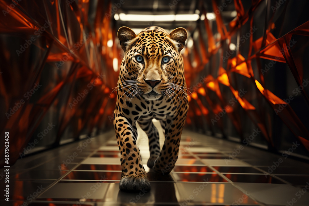 Fototapete a dynamic illustration of a cubic cheetah in mid-stride, its sleek form accentuated by angular lines