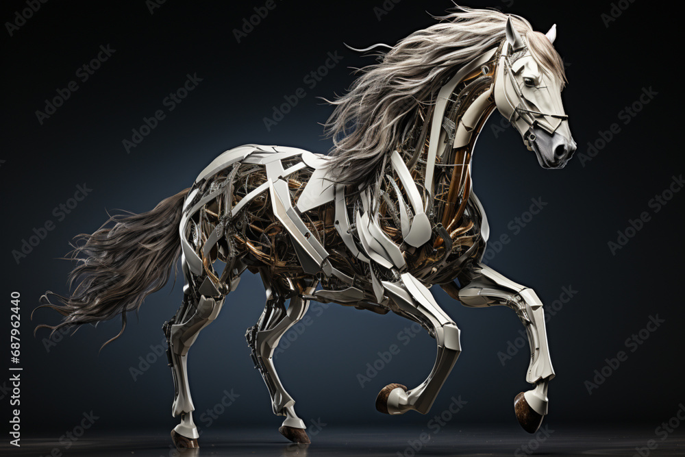 Poster a digital rendering of a cubic horse, its powerful stance and flowing mane brought to life through c