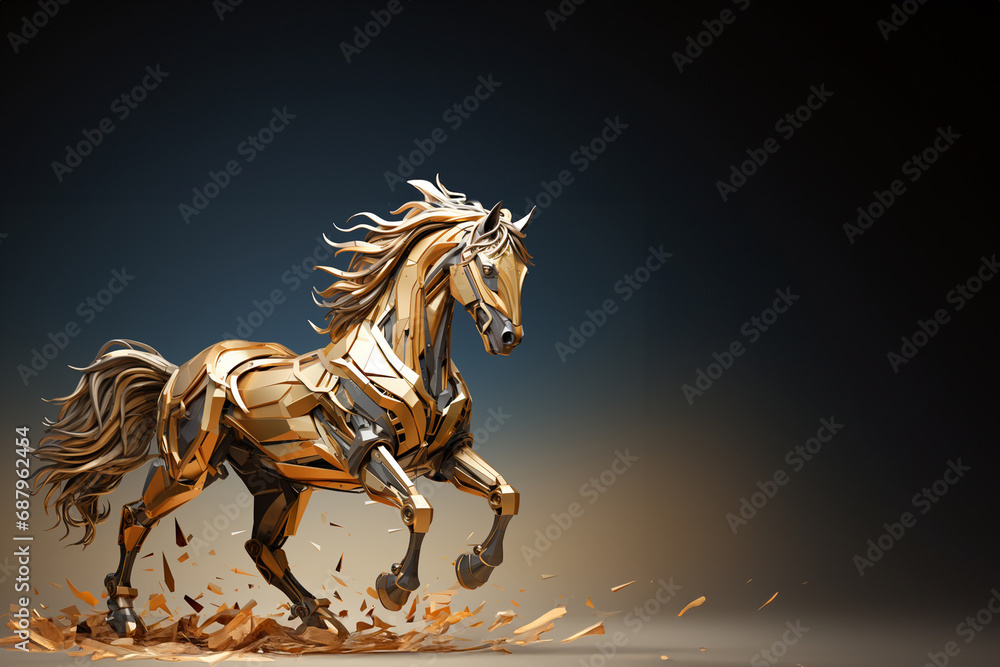 Poster a digital rendering of a cubic horse, its powerful stance and flowing mane brought to life through c