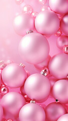 Pink Christmas background with festive Christmas balls. Holiday pink backdrop with copy space.