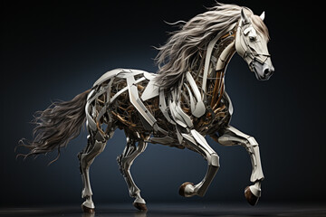 A digital rendering of a cubic horse, its powerful stance and flowing mane brought to life through carefully crafted geometric elements.