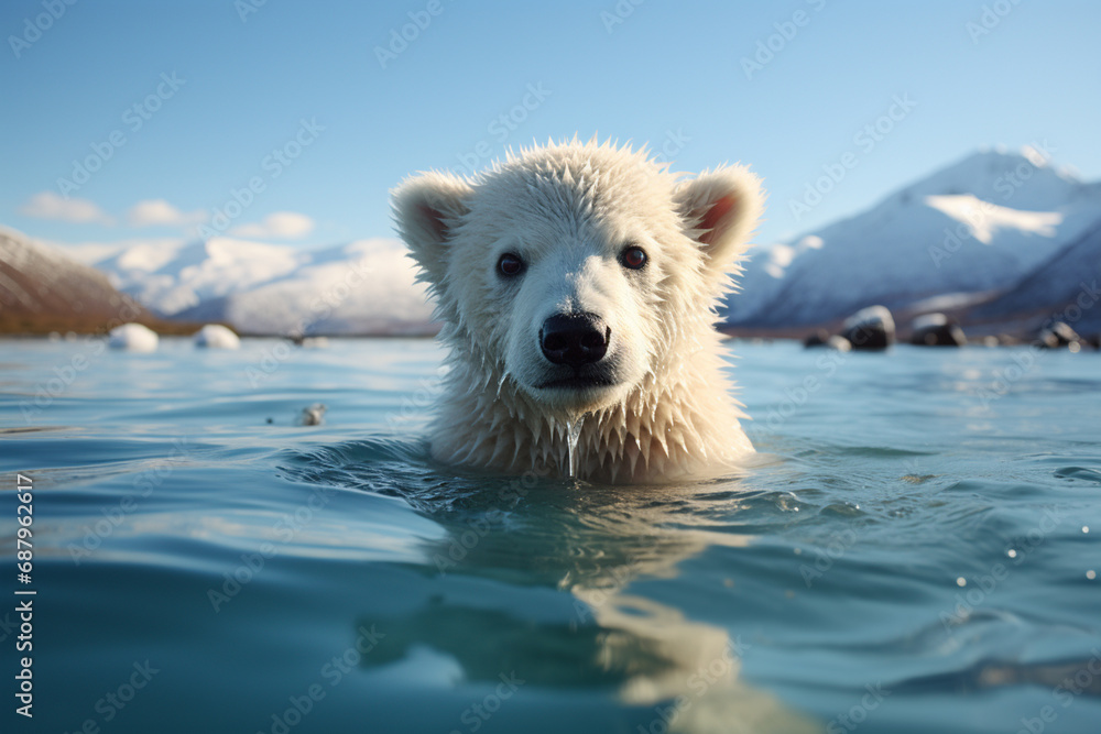 Poster an imaginative artwork showcasing a cubic polar bear against an arctic landscape, its majestic prese