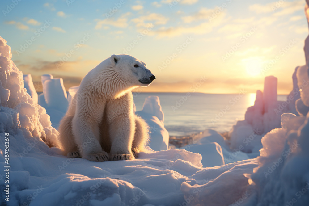 Poster an imaginative artwork showcasing a cubic polar bear against an arctic landscape, its majestic prese