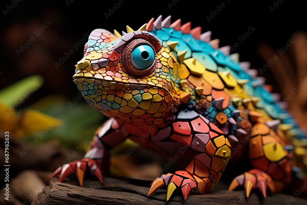 Poster a playful depiction of a cubic chameleon, showcasing its ability to blend into its surroundings thro