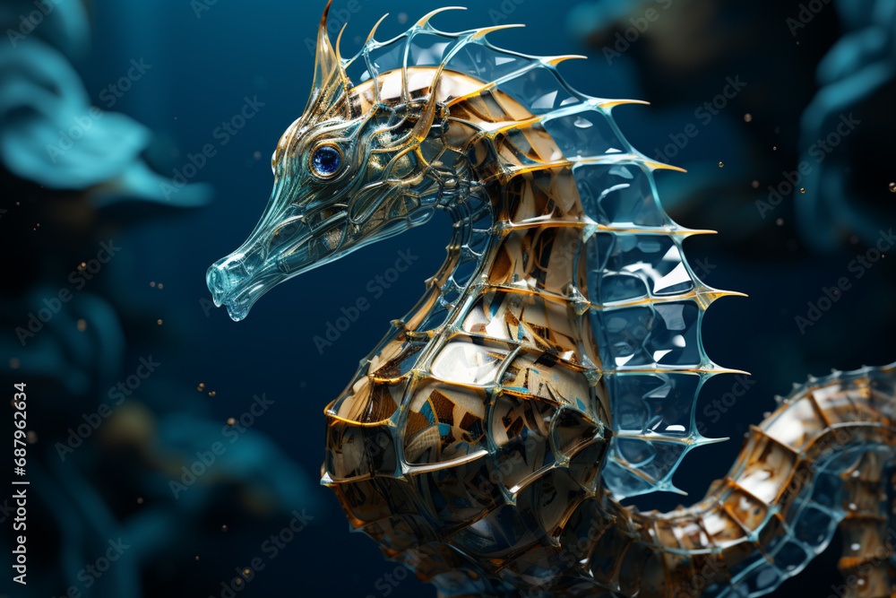 Aufkleber an artistic representation of a cubic seahorse, its delicate form and intricate tail reimagined thro