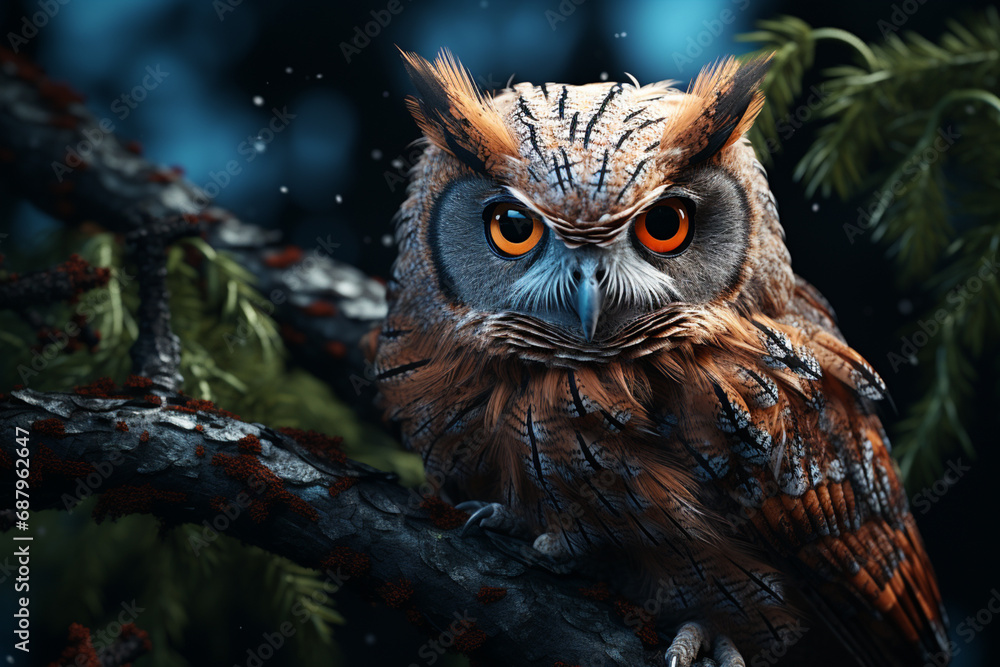 Poster An artistic representation of a cubic owl perched on a tree branch, its wise expression and intricate plumage formed by geometric precision.