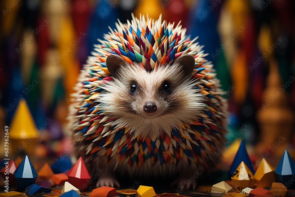 Poster a charming cubic hedgehog, its spiky coat transformed into a delightful composition of geometric sha
